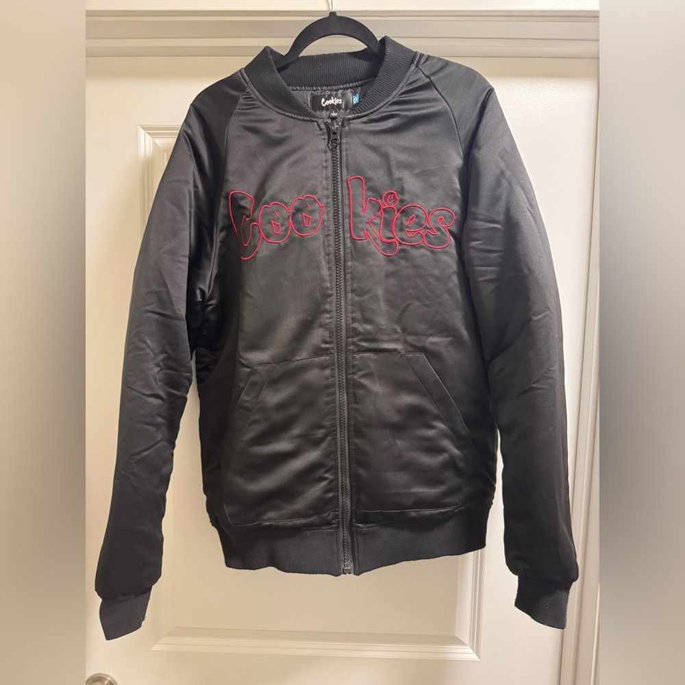 Black Cookies Bomber Jacket with Red Logo Embroidery